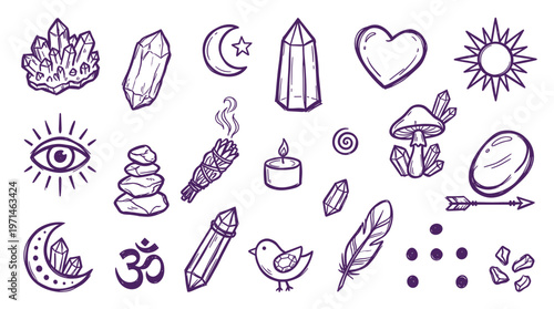 Esoteric symbols and objects for spiritual practices and rituals including crystals moon sun eye feather bird and sage
