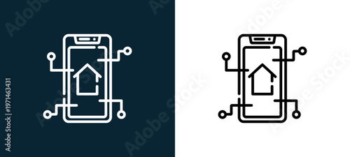 Two-color real estate outline icon pair in black and white, editable stroke vector illustration for web, mobile apps, UI design, branding, and print from smart home