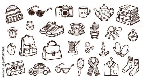 Charming hand drawn collection of everyday objects and accessories for a cozy lifestyle and personal hobbies