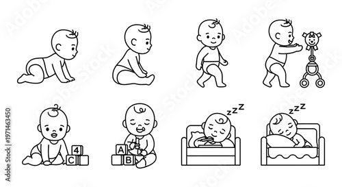 Line art illustrations depicting various stages of baby development and sleep
