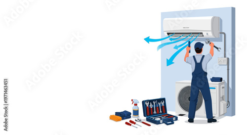 Illustration of a technician in blue overalls repairing an air conditioner with tools, showcasing ventilation with blue arrows against a white backdrop, conveying a clean and professional