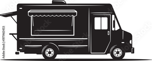 Black food truck, vector food cart, mobile kitchen, food trailer
