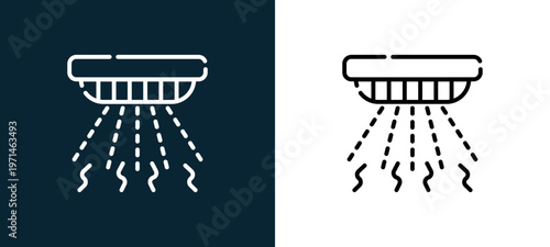Two-color smoke detector outline icon pair in black and white, editable stroke vector illustration for web, mobile apps, UI design, branding, and print from smart home
