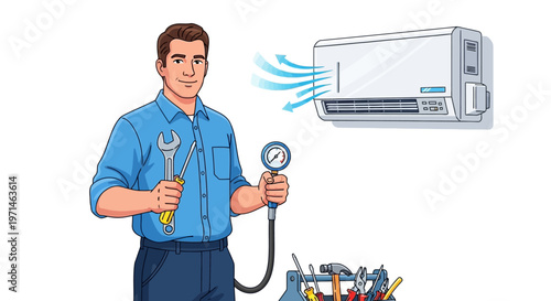 Cartoon illustration of a technician holding a wrench and pressure gauge, servicing an air conditioner against a white background with blue airflow lines, creating a clean and instructional