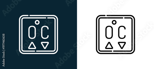 Two-color thermostat outline icon pair in black and white, editable stroke vector illustration for web, mobile apps, UI design, branding, and print from smart home