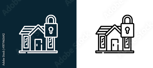 Two-color padlock outline icon pair in black and white, editable stroke vector illustration for web, mobile apps, UI design, branding, and print from smart home
