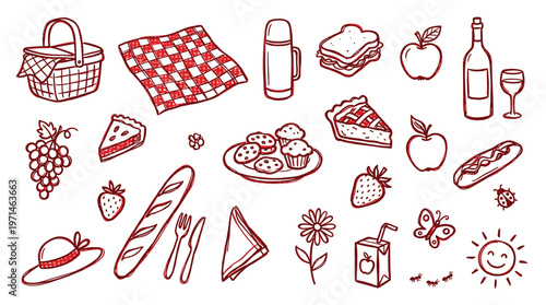 Charming Picnic Essentials Hand Drawn Doodle Collection Perfect for Summer Outdoor Activities and Food Celebrations