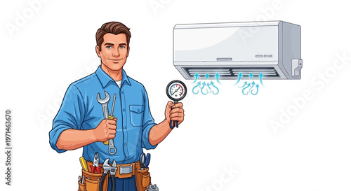 Illustrated repairman holding a wrench and gauge stands before an air conditioner against a clean white background, depicted in a cartoon style with vibrant colors and conveying a sense