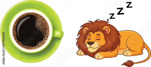 Cup of hot coffee top view with cute sleeping lion cartoon animal vector illustration set