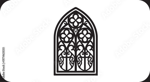 Gothic arch window, ornate stained glass, black line art, decorative frame, vector illustration