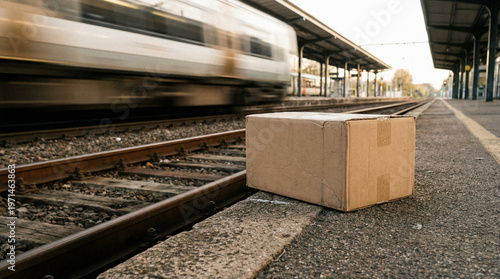 Single cardboard box sits on train station platform next to railway tracks with a fast-moving train blurring in background.