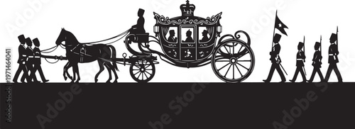 Vintage royal carriage, horse drawn, silhouette illustration, elegant transportation, historical vector
