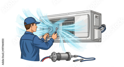 Vector illustration shows a technician repairing an air conditioner with a wrench, with blue air currents flowing from the unit, against a clean white backdrop to convey a sense