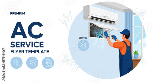 Vector graphic depicts an AC service flyer template with a worker in blue gloves cleaning an air conditioner filter against a light blue background with decorative icons and a clean
