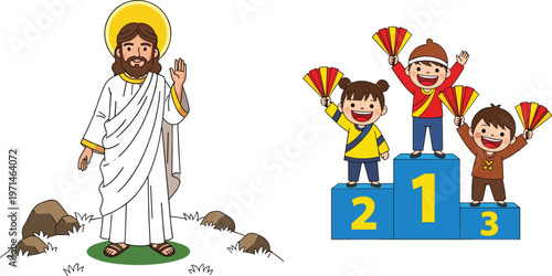 Religious Jesus character illustration and happy kids on winners podium celebrating victory cartoon vector set