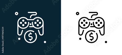 Two-color videogame outline icon pair in black and white, editable stroke vector illustration for web, mobile apps, UI design, branding, and print from big sale