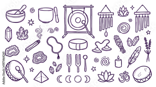 Collection of mystical and spiritual objects for meditation and healing rituals