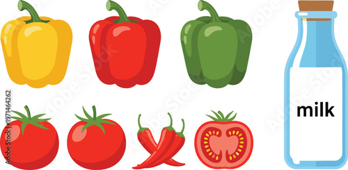 Bell peppers tomatoes chili pepper and milk bottle fresh food ingredients vector illustration set