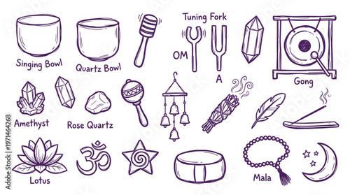 Collection of spiritual and wellness objects for meditation and healing including singing bowls crystals and incense