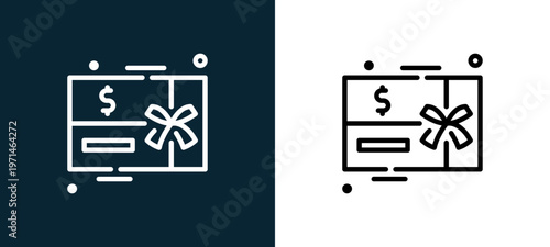 Two-color gift card outline icon pair in black and white, editable stroke vector illustration for web, mobile apps, UI design, branding, and print from big sale