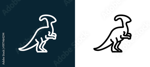 Two-color parasaurolophus outline icon pair in black and white, editable stroke vector illustration for web, mobile apps, UI design, branding, and print from diaur