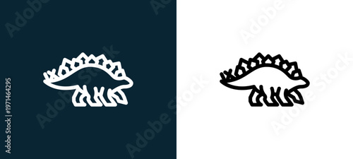 Two-color stegosaurus outline icon pair in black and white, editable stroke vector illustration for web, mobile apps, UI design, branding, and print from diaur