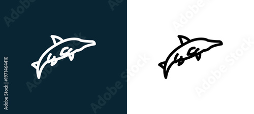 Two-color ichthyosaurus outline icon pair in black and white, editable stroke vector illustration for web, mobile apps, UI design, branding, and print from diaur