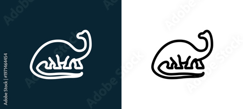 Two-color brontosaurus outline icon pair in black and white, editable stroke vector illustration for web, mobile apps, UI design, branding, and print from diaur