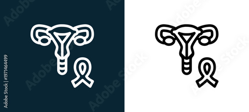 Two-color uterus outline icon pair in black and white, editable stroke vector illustration for web, mobile apps, UI design, branding, and print from women health