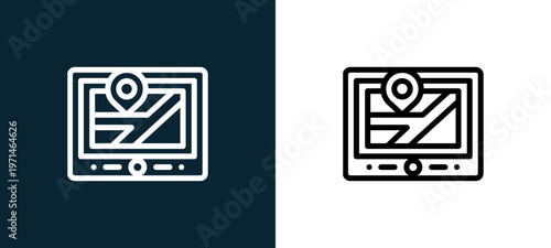 Two-color outline icon pair in black and white, editable stroke vector illustration for web, mobile apps, UI design, branding, and print from navigation maps