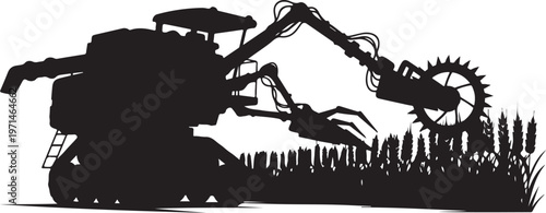 Black silhouette combine harvester, agricultural machinery, farming equipment, vector illustration