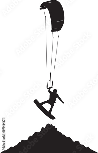 Kite surfing, kitesurfing silhouette, extreme sports icon, black vector graphic