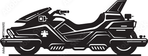 Black and white ambulance motorcycle vector, emergency vehicle icon, medical transport illustration, paramedic bike symbol
