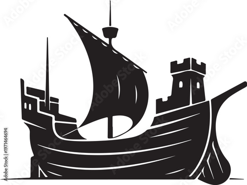 Viking ship, medieval sailing vessel, black silhouette, nautical icon, vector illustration