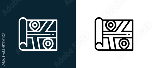 Two-color map outline icon pair in black and white, editable stroke vector illustration for web, mobile apps, UI design, branding, and print from navigation maps