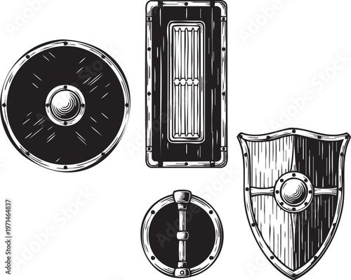 Four medieval style shields and a porthole
