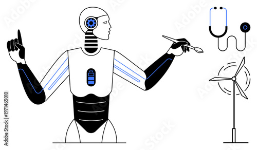Artificial intelligence, renewable energy, medical technology, future advancements, robotics, sustainable innovation. A robot with a battery symbol, a wind turbine and a stethoscope. Artificial