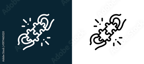 Two-color puzzles outline icon pair in black and white, editable stroke vector illustration for web, mobile apps, UI design, branding, and print from friendship