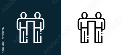 Two-color shoulder to shoulder outline icon pair in black and white, editable stroke vector illustration for web, mobile apps, UI design, branding, and print from friendship