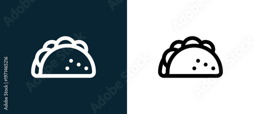 Two-color taco outline icon pair in black and white, editable stroke vector illustration for web, mobile apps, UI design, branding, and print from take away