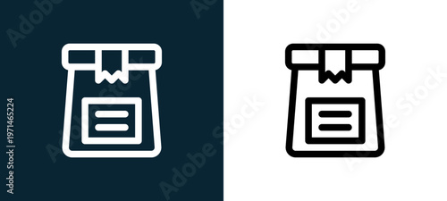 Two-color lunch box outline icon pair in black and white, editable stroke vector illustration for web, mobile apps, UI design, branding, and print from take away
