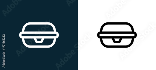 Two-color box outline icon pair in black and white, editable stroke vector illustration for web, mobile apps, UI design, branding, and print from take away