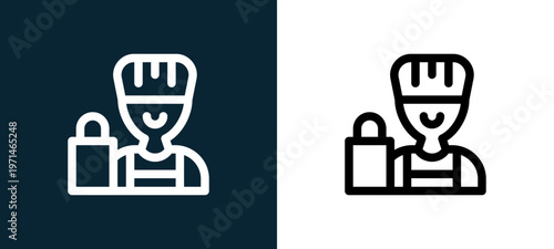Two-color operator outline icon pair in black and white, editable stroke vector illustration for web, mobile apps, UI design, branding, and print from take away
