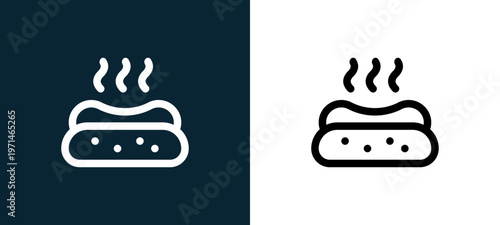 Two-color hot dog outline icon pair in black and white, editable stroke vector illustration for web, mobile apps, UI design, branding, and print from take away