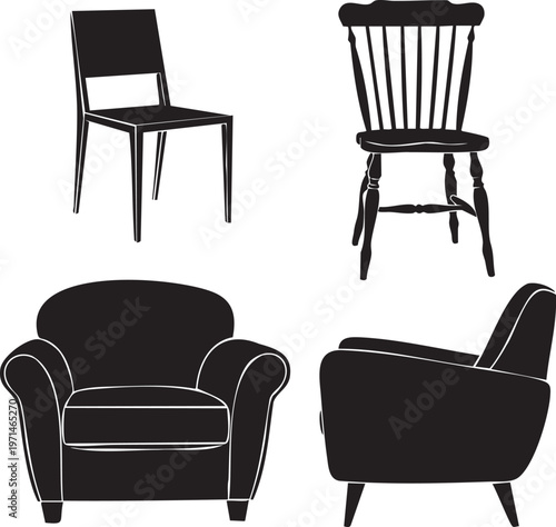 Four black and white images of chairs and armchairs
