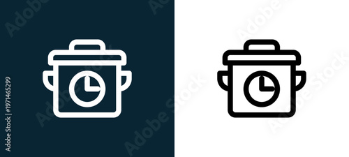 Two-color cooking time outline icon pair in black and white, editable stroke vector illustration for web, mobile apps, UI design, branding, and print from take away