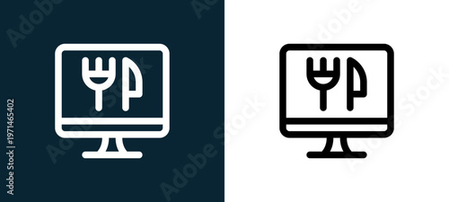 Two-color online outline icon pair in black and white, editable stroke vector illustration for web, mobile apps, UI design, branding, and print from take away