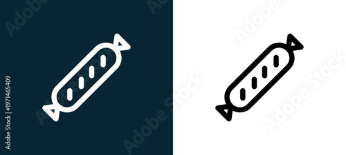 Two-color sausage outline icon pair in black and white, editable stroke vector illustration for web, mobile apps, UI design, branding, and print from take away