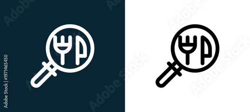 Two-color search outline icon pair in black and white, editable stroke vector illustration for web, mobile apps, UI design, branding, and print from take away