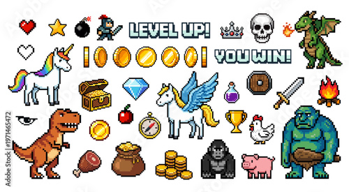 Pixel art 8-bit game assets pack, retro arcade icons with fantasy characters treasure coins weapons and you win UI elements vector illustration